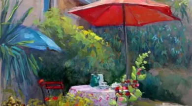 gouache le parasol rouge paint on beige 30 40 2024 - Valérie Guesnay