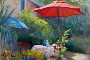 gouache le parasol rouge paint on beige 30 40 2024 - Valérie Guesnay
